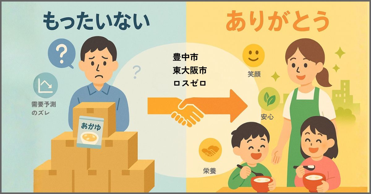 在庫の箱に困り顔の男性、握手する手と矢印、食事をする男児と女児と見守る女性